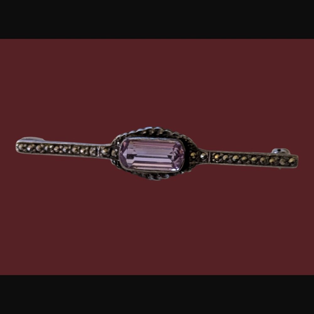 Vintage 925 Oxidized Sterling Amethyst Marcite 2" Brooch Pin